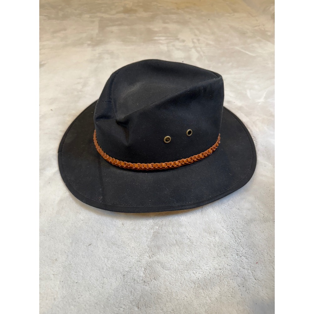 Outback Trading Co Black Oilskin Hat Braided Leather Band Western Large USA
